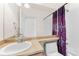 Clean bathroom with a white sink and purple shower curtain at 22263 E Euclid Dr, Aurora, CO 80016