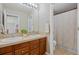 Well-lit bathroom with a double vanity, decorative mirror, and a shower with patterned curtain at 12000 Pine Top St, Parker, CO 80138