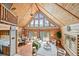 Living room featuring log walls, high ceilings with large windows, and an open-concept living space at 9868 Overlook Rd, Sedalia, CO 80135