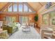 Living room featuring log walls, high ceilings with large windows, and an open-concept living space at 9868 Overlook Rd, Sedalia, CO 80135