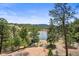 Scenic pond view framed by mature pine trees, showcasing the serene landscape of the property at 9868 Overlook Rd, Sedalia, CO 80135