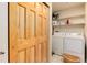 This laundry room has a washer and dryer, shelving for storage, and bifold doors at 250 Upper Forest Rd, Idaho Springs, CO 80452