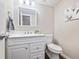 Cozy half bathroom features a white vanity, stylish mirror, and modern fixtures at 2263 E 129Th Ave, Thornton, CO 80241