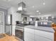 Modern kitchen with stainless steel appliances, light countertops, and view to living room at 3481 S Race St, Englewood, CO 80113
