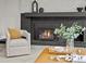 Detailed view of a fireplace features a brick surround, decorative mantel, and comfortable armchair nearby at 7055 E Heritage S Pl, Centennial, CO 80111