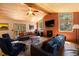Cozy living room with a fireplace, vaulted wood ceilings, and ample natural light through windows at 8722 S Ault Ln, Morrison, CO 80465