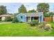 Well-maintained bungalow with a bright blue exterior, lush lawn, and attractive landscaping at 1720 Trenton St, Denver, CO 80220