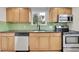 Modern kitchen with stainless appliances, tile backsplash, and ample counter space at 1720 Trenton St, Denver, CO 80220