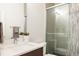 Modern bathroom with tiled shower, sleek vanity, decorative plants, and contemporary fixtures at 3308 W 17Th Ave, Denver, CO 80204