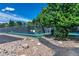 Fenced in Community tennis courts surrounded by green landscaping and mature trees at 1578 S Syracuse St, Denver, CO 80231