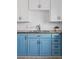 Up-close view of the kitchen's butcher block countertops, painted cabinetry, and stainless steel sink at 4040 Ames St, Wheat Ridge, CO 80212