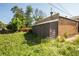 Backyard with shed, wooden fence, and overgrown grass offers potential for customization at 1195 Boston St, Aurora, CO 80010