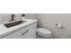 Stylish bathroom featuring a vessel sink, modern faucet, white vanity, and a comfortable toilet at 11241 E Cimmarron Dr, Englewood, CO 80111