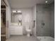 Modern bathroom with glass shower, sleek vanity, marble countertop, and walk-in closet for a luxurious experience at 525 18Th St # 1201, Denver, CO 80202