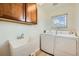Functional laundry room with sink, cabinets, washer, and dryer at 9300 E Florida Ave # 1101, Denver, CO 80247