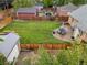 A well-kept backyard has a patio, outdoor seating, green lawn, brick shed, and privacy fence at 2681 Leyden St, Denver, CO 80207