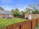 The backyard has a lawn, patio with outdoor seating, and a brick shed, enclosed with a wood fence at 2681 Leyden St, Denver, CO 80207