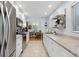 Galley kitchen with stainless appliances, white cabinets and granite countertops at 2681 Leyden St, Denver, CO 80207