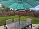 Outdoor patio with comfortable seating and a large umbrella for shade at 2681 Leyden St, Denver, CO 80207
