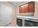 Functional laundry room with modern washer and dryer, storage cabinets, and a convenient door at 160 Pipit Lake Way, Erie, CO 80516