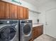 Well-equipped laundry room with modern washer and dryer, cabinets, and sink for added convenience at 19379 W 57Th Pl, Golden, CO 80403