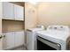 Functional laundry room featuring a side-by-side washer and dryer, with white cabinets above and neutral walls at 2042 S Clayton St, Denver, CO 80210
