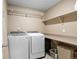 Laundry room featuring white front-loading washer and dryer, built-in shelf, wire shelving, and storage baskets at 20855 Park Hollow Dr, Parker, CO 80138