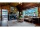 Bright and cozy living room with stone fireplace and a large window, wood floors, and neutral decor at 4805 S Blue Spruce Rd, Evergreen, CO 80439