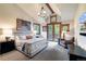 Comfortable main bedroom with vaulted ceilings, ensuite bath, private balcony, and large windows with outside views at 805 Highfield Trl, Breckenridge, CO 80424