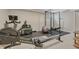 Basement home gym with rower, squat rack and exercise equipment set up for fitness at 3680 S Glencoe St, Denver, CO 80237