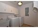Functional laundry room with washer, dryer, sink, and ample storage cabinets at 40477 Ferns Rd, Elizabeth, CO 80107