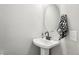 Cozy bathroom features a pedestal sink, round mirror, and sleek faucet, offering a minimalist and clean aesthetic at 1492 Red Cliff Way, Castle Rock, CO 80109