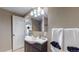 Bathroom featuring modern vanity, well-lit mirror, and decorative towel rack at 3282 W 66Th Ave, Denver, CO 80221