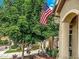 Charming front yard featuring a lush tree, landscaped garden beds, and an American flag at 3502 First Light Dr, Castle Rock, CO 80109