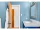 Charming bathroom with blue vanity, marble countertop, and mosaic tile backsplash at 1185 Glencoe St, Denver, CO 80220