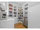 Pantry with white shelving, countertop, and stainless steel refrigerator at 10205 Inspiration Dr, Parker, CO 80138