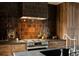 Close-up of the stove and hood with unique tile backsplash and ample countertop space in the kitchen at 940 N Ogden, Denver, CO 80218