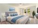 Comfortable bedroom with large window, ceiling fan, and soft blue accents at 3144 S Wheeling Way # 106, Aurora, CO 80014