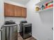 Functional laundry room featuring stainless steel washer and dryer and convenient above-appliance cabinet space at 27957 E 9Th Dr, Aurora, CO 80018