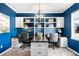 Home office with built-in shelves, dual desks, and blue walls at 9392 Anvil St, Arvada, CO 80007