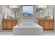 Bright bathroom featuring double sinks, wood cabinets, and a large soaking tub at 20145 E Fair Ln, Centennial, CO 80016