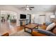Open-concept living room with hardwood floors and access to the kitchen and stairway at 10858 E Harvard Dr, Aurora, CO 80014