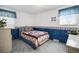 Cozy bedroom with blue and red patterned wallpaper and matching quilt at 1040 Hemlock Way, Broomfield, CO 80020