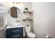 Stylish half-bathroom with modern vanity, vessel sink, and decorative shelves at 47 Harrison, Denver, CO 80206