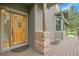Welcoming front door with transom window, complemented by a covered porch and decorative brickwork at 31139 Tahoe Ct, Evergreen, CO 80439