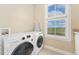 Bright laundry room featuring modern washer and dryer units and a window with a scenic view at 8851 E 33Rd Ave, Denver, CO 80238