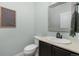 Stylish powder room with sleek fixtures and modern decor at 15446 Coopers Hawk Way, Parker, CO 80134