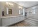 Bright bathroom featuring a double vanity with white cabinets and a glass-enclosed shower at 4565 Colorado River Dr, Firestone, CO 80504