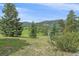 Scenic view of a grassy property with mature trees and distant mountains under a clear blue sky at 9745 Hilldale Dr, Morrison, CO 80465