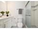 A bright bathroom features a glass shower, modern toilet, and a neutral color scheme at 4500 Zephyr St, Wheat Ridge, CO 80033